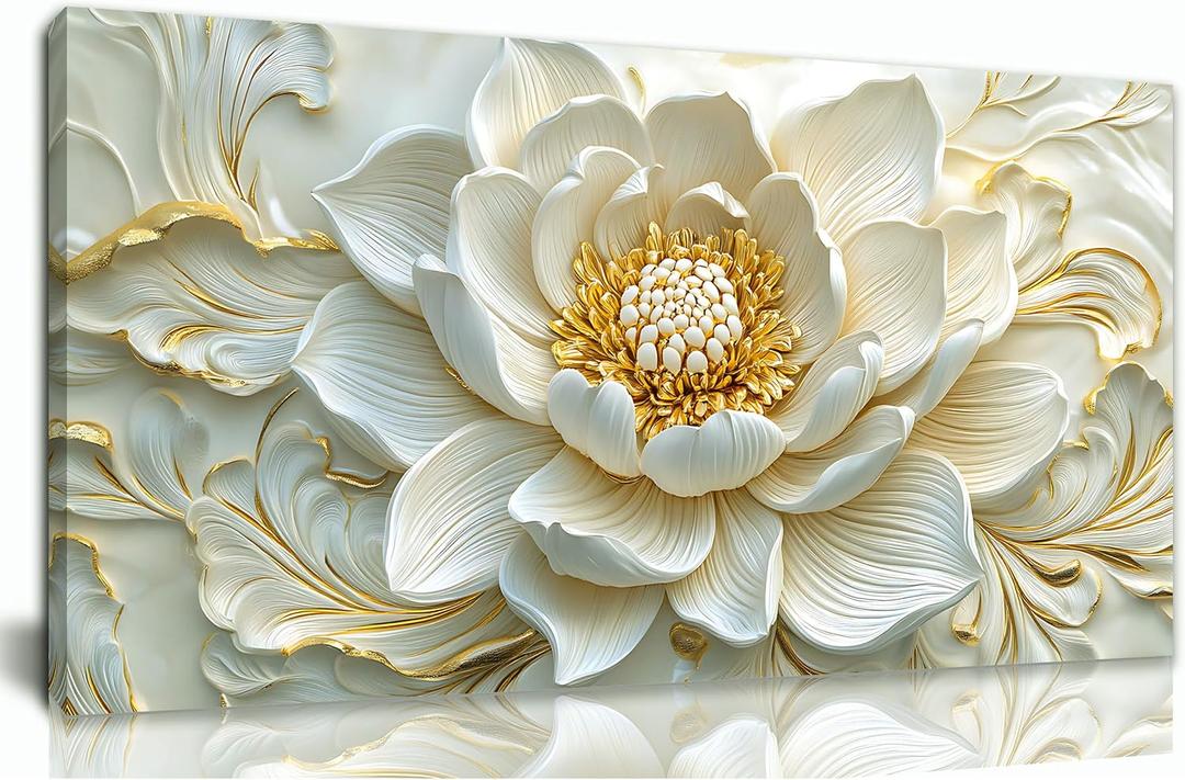 SSNEEKNDG White Floral Wall Art for Living Room Gold Flower Picture Large Botanical Artwork for Bedroom Office Canvas Prints Ready to Hang 20"x40"