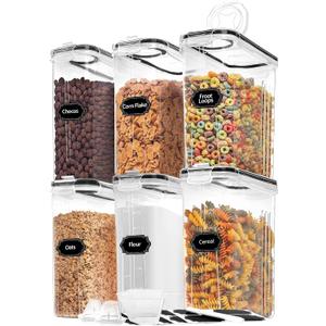 Skroam Cereal Containers Storage of 6 [4L/135.2 oz], Airtight Food Storage Containers with Lids, Plastic Cereal Dispensers for Kitchen & Pantry Organizers and Storage, Measuring Cup & 20 Labels