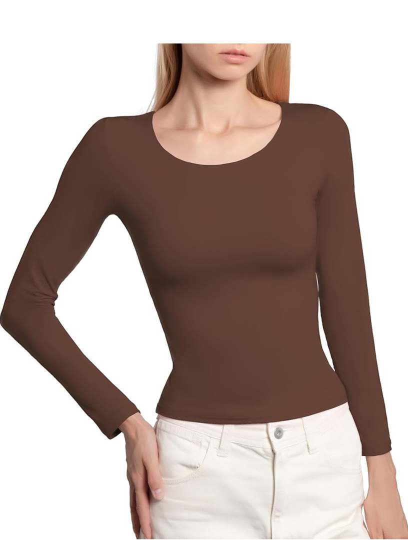 BRISIRA Women's Scoop Neck Double Lined Layering Long Sleeve Shirts Slim Fit Fall Fashion Y2K Going Out Basic Tops, M