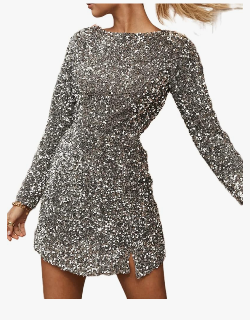 R.Vivimos Women's Sequin Bodycon Dress Fall Winter Velvet Warm Long Sleeve Crew Neck Sexy Backless Glitter Slit Mini Dress, Size Large