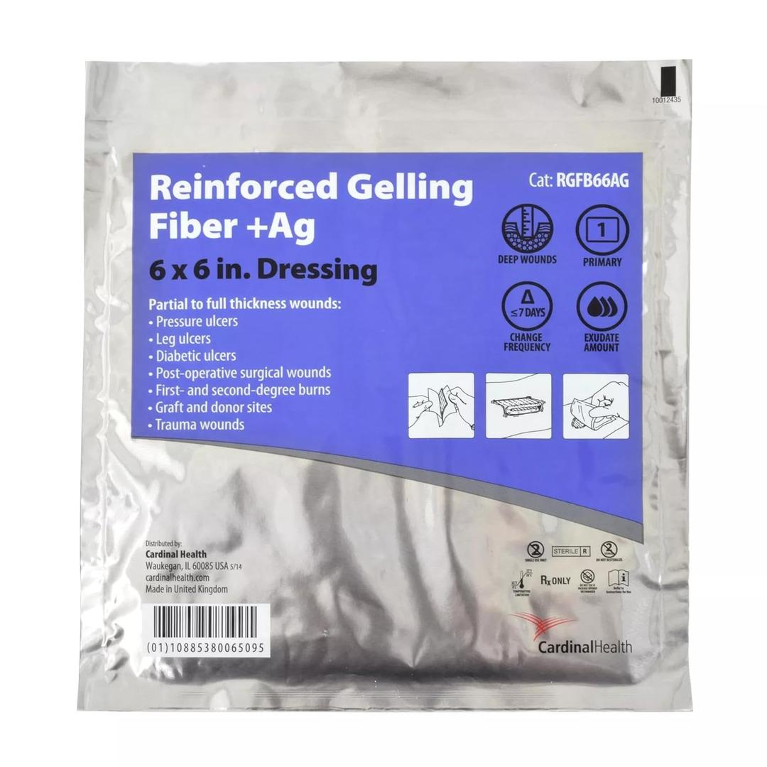 Cardinal Health Reinforced Alginate Silver Gelling Fiber Dressing, 6 x 6IN, Case of 10 Boxes, Each Box Contains 5 Dressings