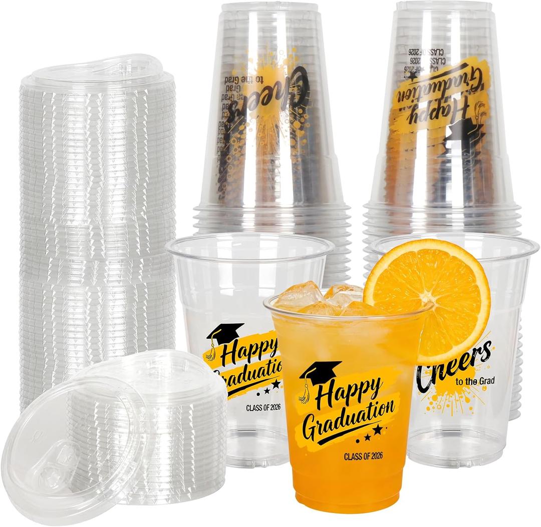 50 Pack Happy Graduation Cups with Lids - Class of 2026, 16oz Clear Disposable Plastic Cups for Graduation Party Supplies, Congrats Grad Party Cups Drinking Decorations Photo Props