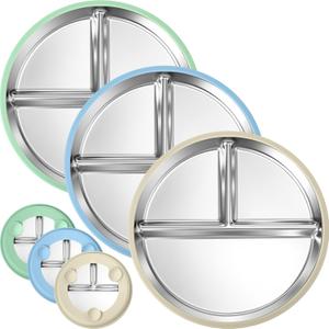 BUSOHA 3 Pack Stainless Steel Kids Plate with Suction - 9 Divided Toddler Baby Plates with Silicone Sleeves Non-Slip 2-in-1 Anti Breakage Metal Toddler Bowls Microwave Dishwasher Safe (Green + Beige + Light Blue)