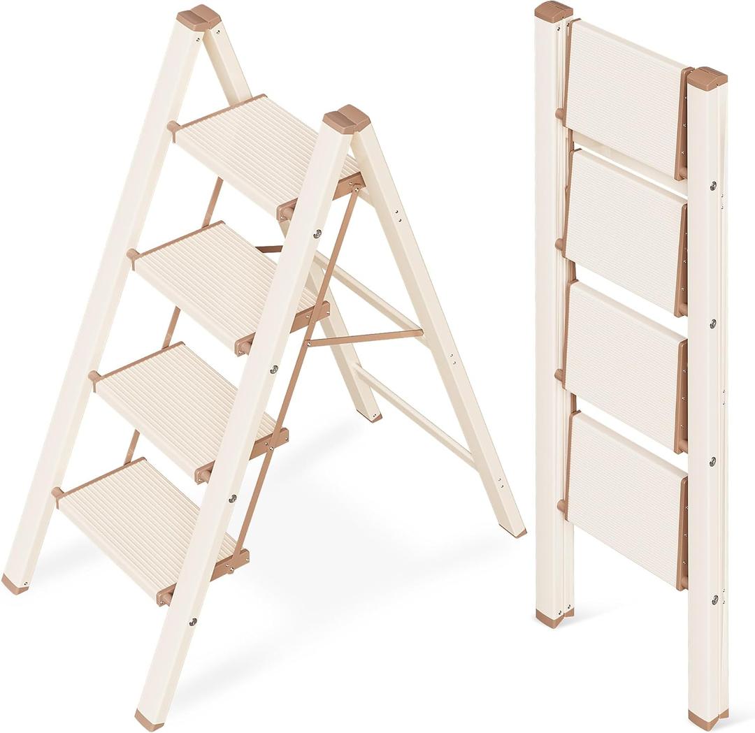 GameGem 4 Step Ladder, Aluminum Folding Step Stool with Anti-Slip Sturdy and Wide Pedal, Lightweight Portable Stepladder for Home and Kitchen Use Space Saving, 330 lbs, Chocolate White