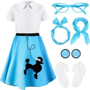 1950s Kids Poodle Skirt 50s Sock Hop Costume with Shirt Scarf Headband Earrings Glasses Socks, 7-9 Years