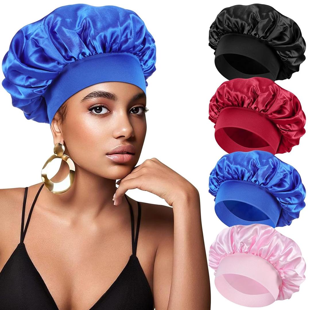Satin Bonnet, 4Pcs Satin Hair Bonnet for Sleeping, 11 Inches Hair Sleeping Bonnet, Silk Bonnet for Curly Hair, Shower Hair Cap for Sleep Braids Men Women(Black,Blue,Red,Pink)