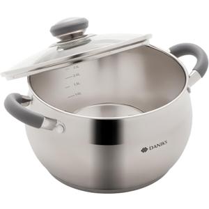 Daniks Modern 3 Quart Stainless Steel Stock Pot with Glass Lid, Tri-Ply Bottom for Even Heating, Induction Compatible, Dishwasher Safe, Heatproof Handles
