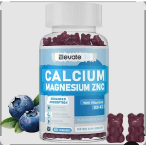 ElevateLife Calcium Magnesium Zinc Gummies with Vitamin D3 & K2 - High Potency Enhanced Absorption -60 Blueberry Gummies Flavored exp.08/2026