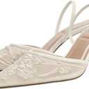 Women's Mesh Floral Embroidered Slingback Heels with Pearl Studded Pointed Toe Lace Heeled Sandals Backless Slip On Kitten Heel Pumps Wedding Party Shoes, Size 36 (US 5)