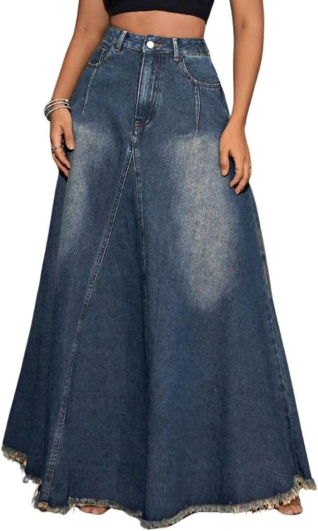 Women's Vintage Full Length Denim Skirts High Waisted Frayed Raw Hem Flared A Line Maxi Long Jean Skirts (Medium)