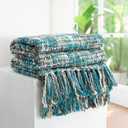 Multi-Color Teal Cable Knitted Throw Blanket for Couch,50"X60" Boho Style Textured Blankets for Home Decor,Super Soft Warm Cozy Chunky Knit Blanket with Decorative Tassels for Bed and Sofa