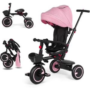 Baby Tricycle, 6-in-1 Folding Kids Trike with Removable Push Handle, Rotatable Seat, Adjustable Canopy, Storage Box, Safety Harness, Balance Bike, Toddler Trike for 7 Months - 5 Year Girls and Boys