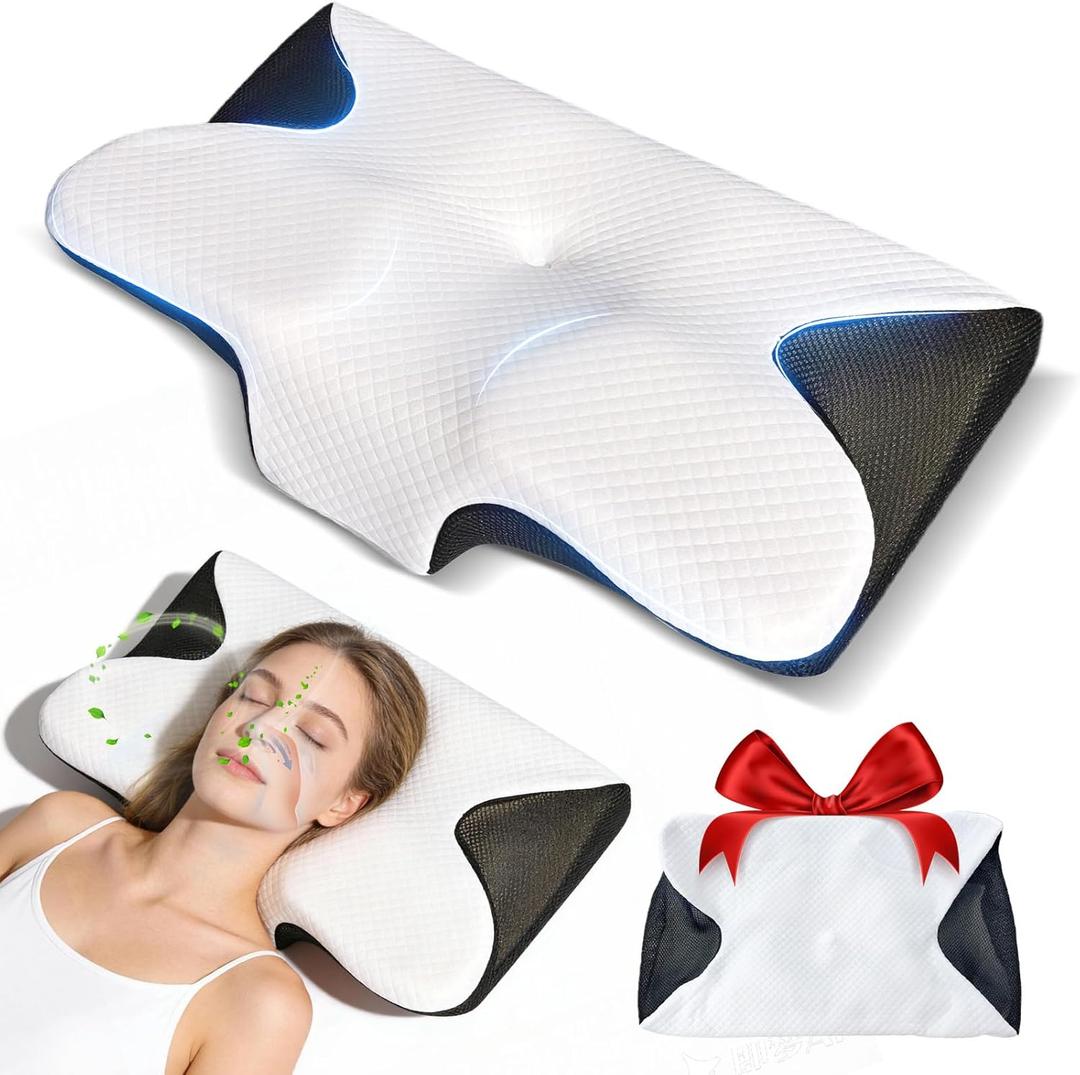 Cervical Neck Pillow for Sleeping Ergonomic Sleep Apnea Pillow with Memory Foam Neck Support Pillow for Back Side Stomach Sleepers with Pillowcase (Black)