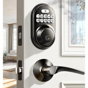 Veise Keyless Entry Door Lock with 2 Lever Handles - Electronic Keypad Deadbolt, Auto Lock, Back Lit & Easy Installation Design, Front Door Handle Sets, Matte Black