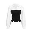 MakeMeChic Women's Long Sleeve Work Blouse Casual Color Block V Neck Split Dress Shirt Black and White X-Large