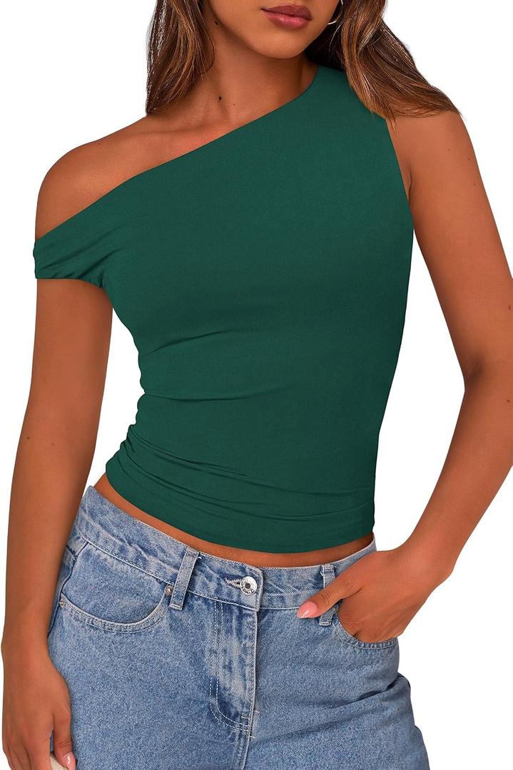 PRETTYGARDEN Women's Off The Shoulder Crop Top - Chic Asymmetrical Going Out Tops for Summer 2026, Slim Fitted & Breathable (XL)