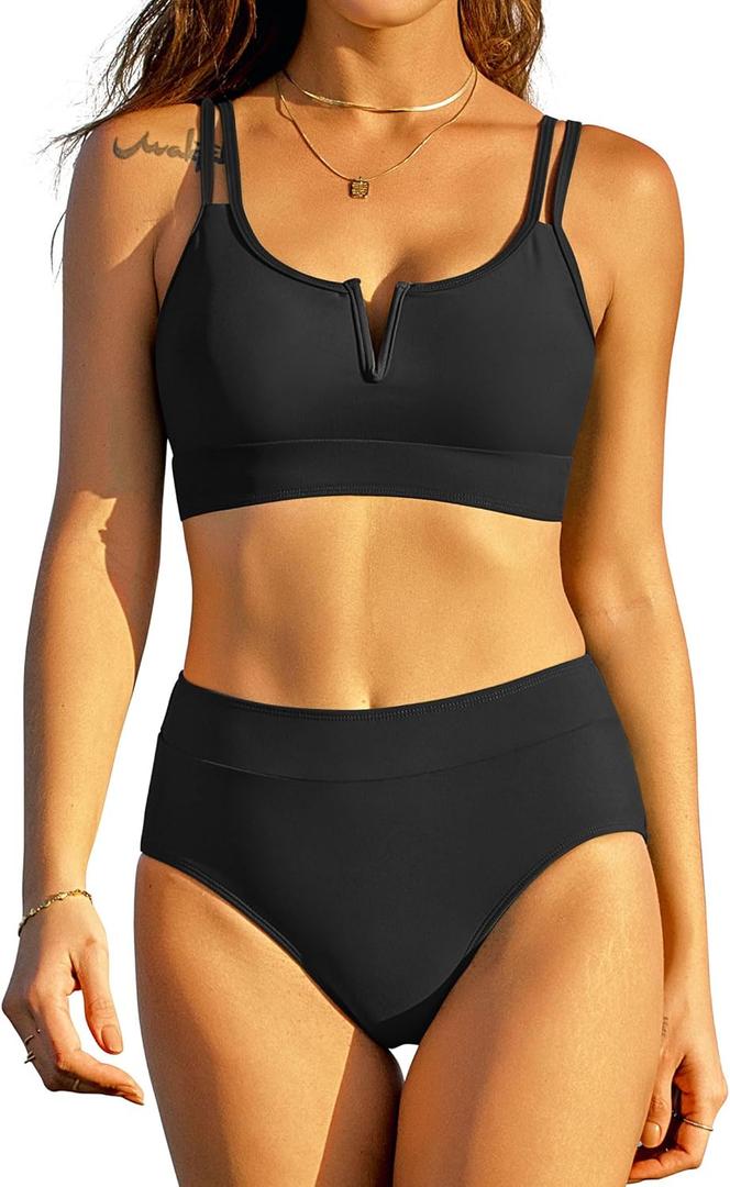 ZAFUL Women's V Neck Bikini Sets Double Shoulder Straps Two Piece Bathing Suit Tummy Control Swimwear (Medium, Black-017)
