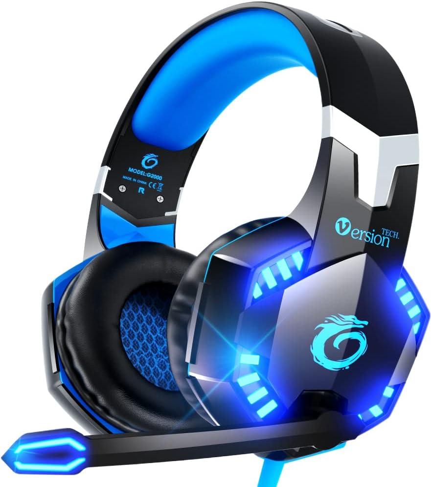 VersionTECH. G2000 Gaming Headset for PS5 PS4 Xbox One Controller,Bass Surround Noise Cancelling Mic, Over Ear Headphones with LED Lights for Mac Laptop Xbox Series X S Nintendo Switch NES PC Games (Blue, Blue,Black)