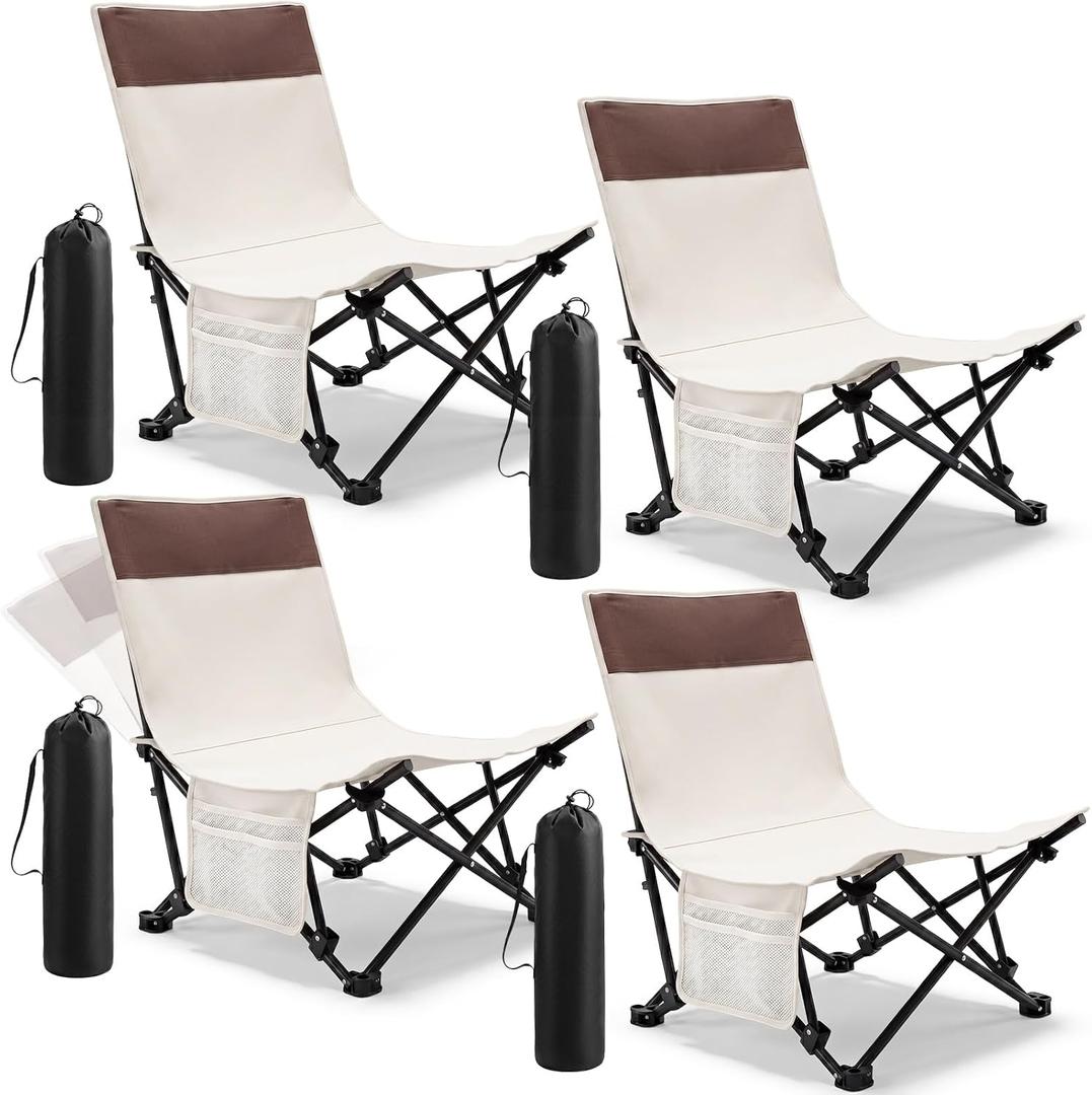 Karenhi 4 Pack Low Profile Beach Chairs with 3 Position Adjustable Back 300lb for Adult, Folding Lightweight Reclining Camping Chair with Storage Bag Compact Camp Lounge for Concert Lawn Picnic Travel, 26.38 x 20.47 x 20.47 inches