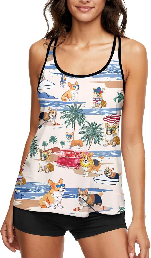 HUNTFAMI Tankinis Swim Suits for Women Two Piece 2025 Womens Bathing Suits Holiday Beachwear Women with Boyshorts (Small, Corgi)