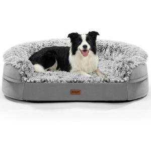 iweepet Fluffy 3.7 inch Thickened Orthopedic Dog Beds for Extra Large Dogs, Supportive Dog Sofa Bed with 28D EggCrate Foam, Removable Washable Cover, Waterproof Lining, Cozy Oval Design,Grey