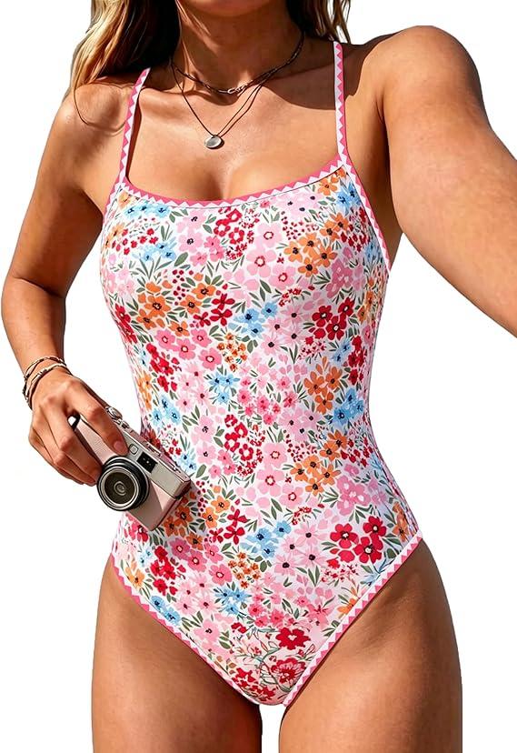 Womens One Piece Swimsuit Tummy Control Modest Bathing Suit Teen Girls Swim Suit Cute Floral Swimwear, Size S