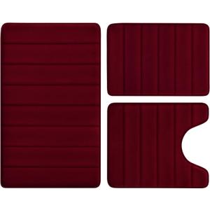 BYSURE Burgundy Memory Foam Bathroom Rug Set 3 Piece, Non Slip Extra Soft Absorbent Machine Washable Toilet Bath Toilet Mat (17"x24"+20"x32"+U Shape 20"x24")
