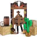 7 Pcs Western Cowboy Rodeo Party Decoration Kit Hay Bales Boxes Inflatable Cactus Prop Decor Western Backdrop Banner Wagon Wheel Village Accessories for Birthday Party Decoration Photo Props