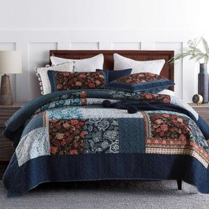 Yvooxny 3-Piece Quilt Sets King Size Quilted Bedspread Real Patchwork Coverlet Set Bedding Set with Pillowcases for All Seasons, Dark Blue Rose, 98x106 Inch