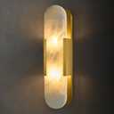 Alabaster Brass Oval Wall Sconce - Natural Spanish Stone Indoor Lighting Fixture - Luxury Modern Gold Dimmable Sconces with Bulb - Elongated Brushed Vanity Light for Bathroom Bedroom Living Room Decor, 1 Pack