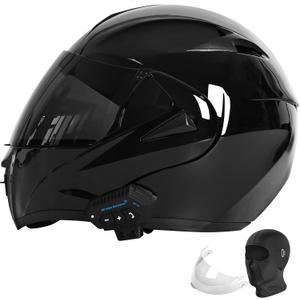 Motorcycle Bluetooth Modular Helmet, DOT Approved Dual Visor Full Face Flip Up Bluetooth Integrated Motorcycle Helmet for Adults Men and Women  (Bright Black,Medium)