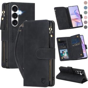 for Samsung Galaxy S26-Wallet Case: with RFID Blocking Card Slots (6 Cards) | Soft PU Leather Magnetic Snap Zipper Pocket | Crossbody Wrist Strap Protective Phone Cover - Black