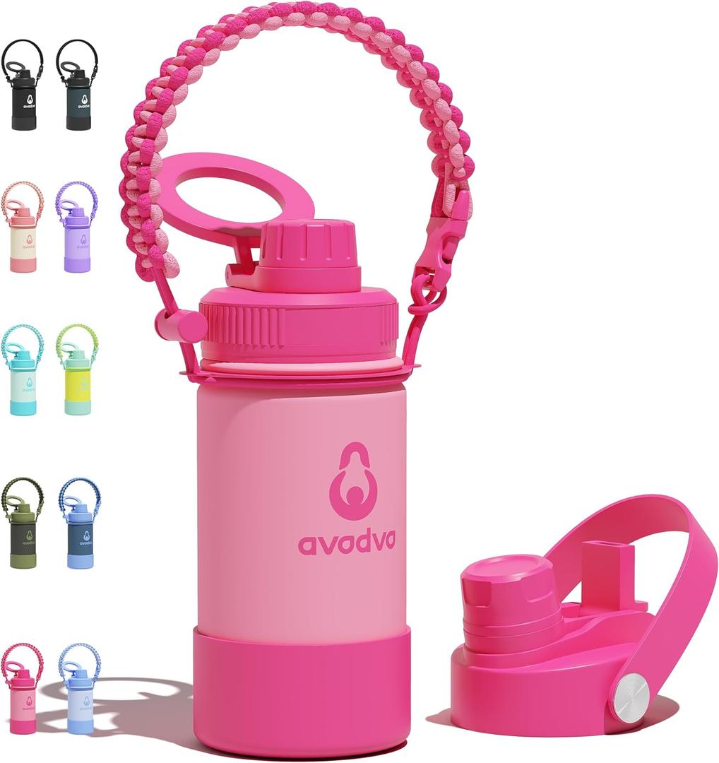 12 oz Insulated Water Bottle with 2 Lids (2-in-1 Straw & Spout Lid, Magnetic Lid), Kids Water Bottle with Strap, Kids Stainless Steel Water Bottle for School, PA-Free, Pink