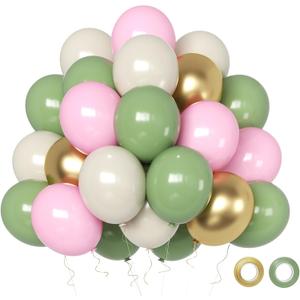 Sage Green Pink Balloons Set 12 Inch 50Pcs Metallic Gold & Sand White Latex Balloons Green Pink Party Decor for Weddings Birthdays Baby Shower Party Decorations