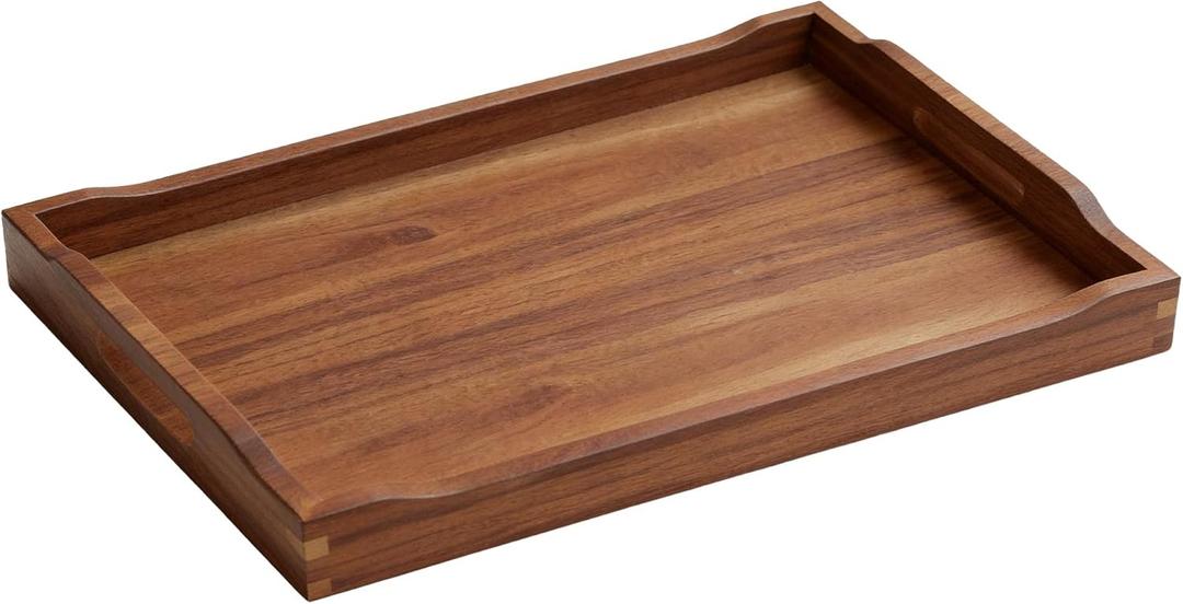 Acacia Wood Serving Tray with Handles, Rectangular Wooden Ottoman Tray for Coffee Table, Breakfast in Bed, Drinks, Kitchen Countertop and Home Decor
