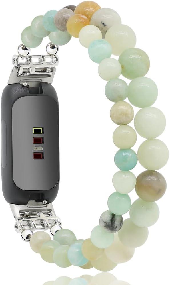 C&L Accessories Bracelets Compatible with Fitbit Inspire 3 Bands for Women Beaded Wristband Adjustable Gemstone Replacement Straps (Amazonite)