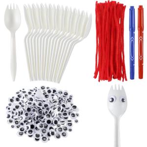Relaxgiant 50 Set Fork Craft Kit DIY Disposable Creativity Sporks Red Pipe Cleaners Self Adhesive Wiggle Googly Eyes Make Your Own Craft Kit