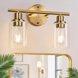Zarbitta 2-Light Bathroom Light Fixtures, Brushed Gold Vanity Light, Modern Vanity Lights with Clear Glass Shade, Bathroom Wall Lamp for Mirror Kitchen Living Room Hallway Cabinet Porch