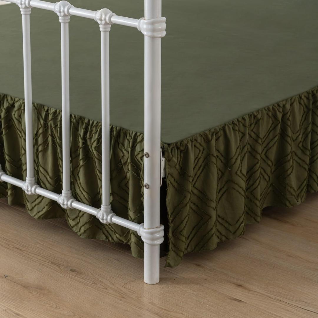 Bed Skirt Queen Size Ruffled Bed Skirt with Split Corners, 12 Inch Drop Dust Ruffle Bed Skirts with Platform, Tufted Boho Bed Skirting Queen Size, Square, Green, 12" Queen