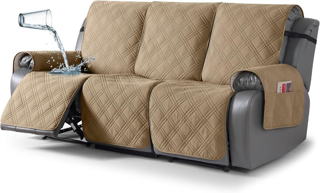 TAOCOCO 100% Waterproof Recliner Sofa Cover, Non Slip Split Couch Covers for Reclining Couches with Elastic Straps, Washable Reclining Sofa Cover Furniture Protector for Kids Pets(3 Seater, Camel)