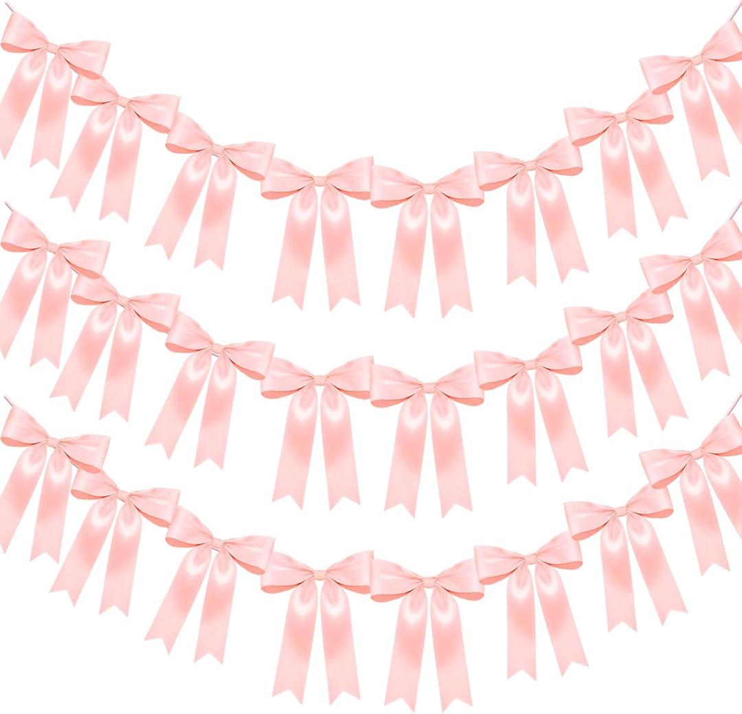 Jansun 3Pack Pink Bow Garland Banner, Pink Ribbon Bow Party Decorations Garland for Birthday Baby Shower Wedding Bow Coquette Party Decor
