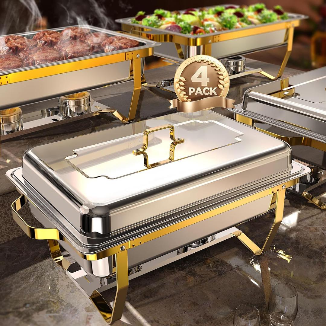 Chafing Dishes for Buffet 4 Pack, 9QT [Elegant Gold and Silver Colors] Food Warmers for Parties Buffet [Sturdy and High Grade] Chafing Dish Buffet Set for Any Party with Complete Set