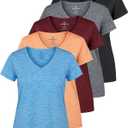 Real Essentials 5 Pack: Women's Dry-Fit Short Sleeve V Neck T Shirt Workout Fitness Yoga Top Tee (Available in Plus Size)
