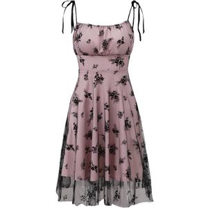 WDIRARA Women's Floral Print Sheer Mesh Tie Shoulder Ruffle Hem Cami Dress (S)