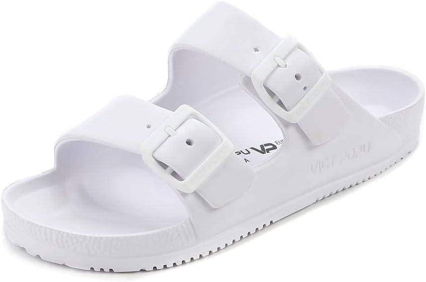 VICT POPU Womens Sandals Adjustable Double Buckle Strap Waterproof EVA Flat Slides (9, White)