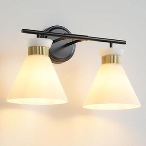 WOSHITU Bathroom Vanity Light Fixtures: 2-Lights Mid Century Modern Vanity Lights for Bathroom, Black and Gold Wall Sconce Lighting with Frosted Milky Glass for Over Mirror Bedroom Hallway