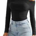 OMKAGI Women Long Sleeve Tops Boat Neck Off Shoulder Shirts Fitted Going Out Y2K Crop Top (Black, XS)