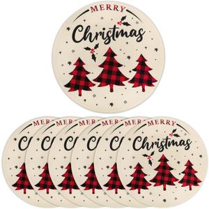 Christmas Placemats, 14inch Round Christmas Placemats Set of 6, Christmas Linen Table Mats Washable, Winter Xmas Holiday Plate Mats for Lndoor Kitchen and Dining Table (Lattice Tree)