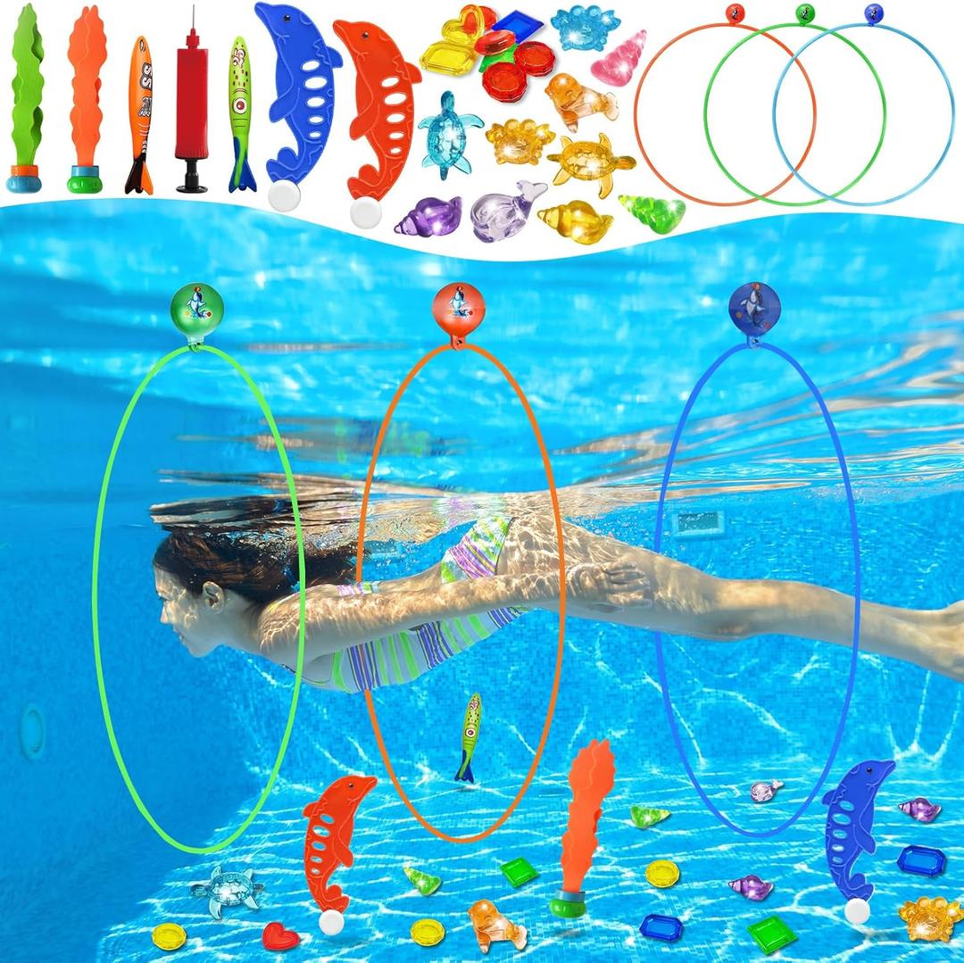 Jasonwell Pool Toys Diving Rings - 28PCS Swim Thru Rings Pool Game Diving Toys with Dive Ring Underwater Treasures Torpedo Bandits Fish Toy Fun Water Swimming Toy for Boys Girls Kids Teens Adults (Green/orange/blue) Jasonwell Pool Toys Diving Rings - 28PCS Swim Thru Rings Pool Game Diving Toys with Dive Ring Underwater Treasures Torpedo Bandits Fish Toy Fun Water Swimming Toy for Boys Girls Kids Teens Adults (Green/orange/blue)