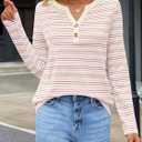 MEROKEETY Women's Fall Long Sleeve Striped Henley Tops V Neck Dressy Casual Loose Shirt 2025 Trendy Blouse (M)